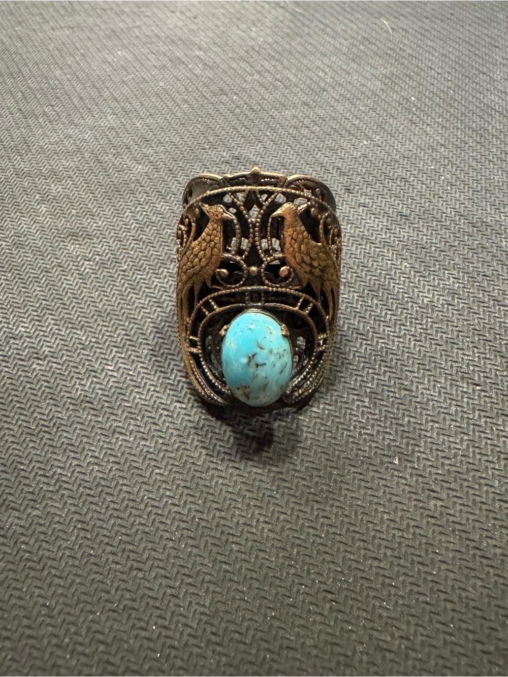 Kim Craftsman Antique Turquoise Cabochon Statement Cocktail Ring With Peacocks